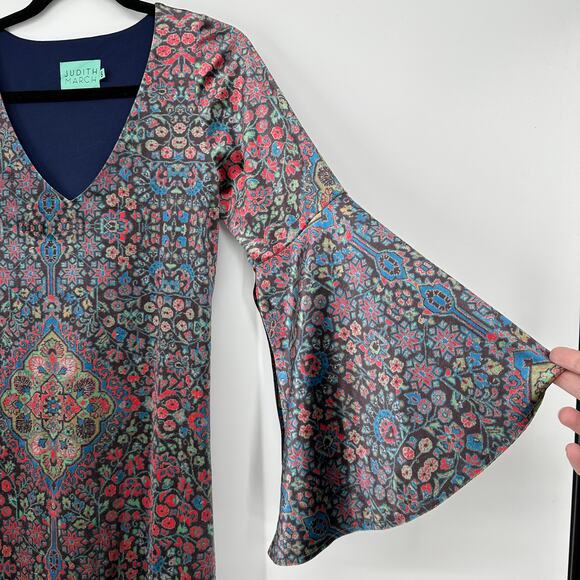 Judith March Arabian Night Velvet Printed Bell Sleeve Skater USA Made Dress Sml - Picture 6 of 6
